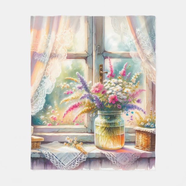 Sunlit Cottage Window Wildflowers Fleece Blanket (Front)