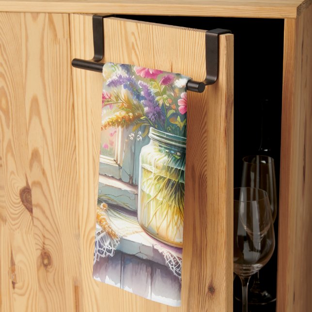 Sunlit Cottage Window Wildflowers Kitchen Towel (Thirds Fold)