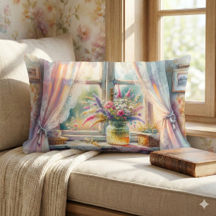 Sunlit Cottage Window Wildflowers Lumbar Pillow