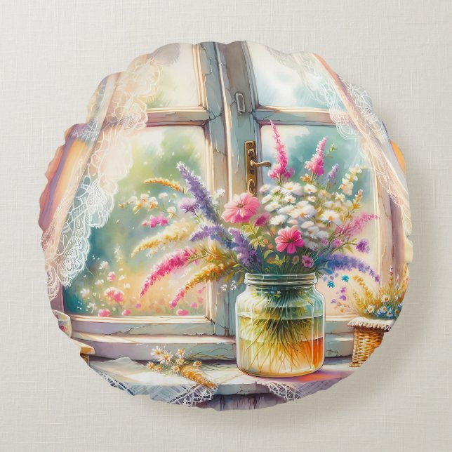 Sunlit Cottage Window Wildflowers Round Pillow (Front)