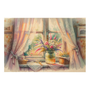 Sunlit Cottage Window Wildflowers Wood Wall Art