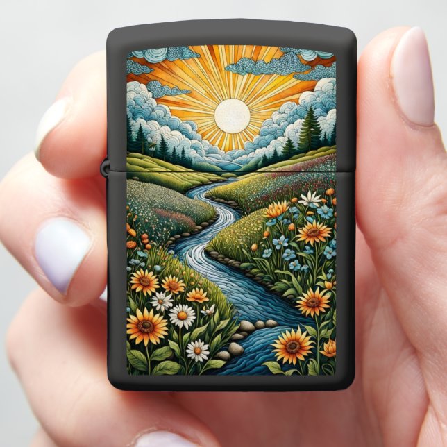 Sunlit Creek Through Wildflowers Zippo Lighter (In Hand)