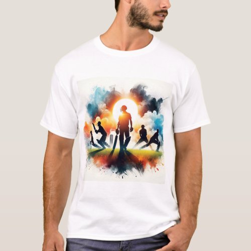 Sunlit Cricket Players in Grassy Field T_Shirt