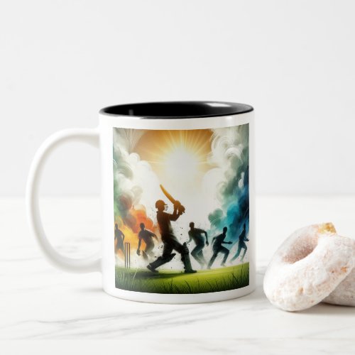 Sunlit Cricket Players in Grassy Field  Two_Tone Coffee Mug