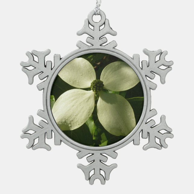 Sunlit Dogwood Blossom Spring Floral Snowflake Pewter Christmas Ornament (Front)
