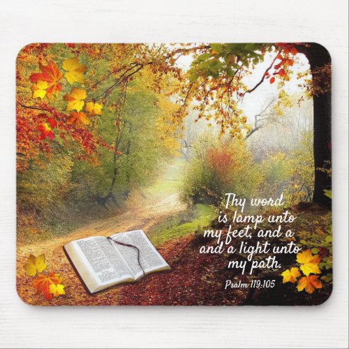 Sunlit Fall Pathway and Bible Mouse Pad