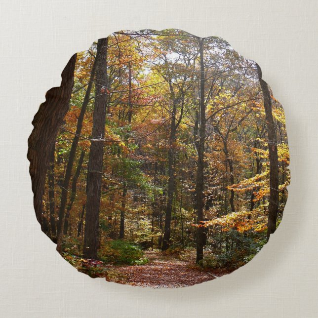 Sunlit Fall Trail in Laurel Hill State Park Round Pillow (Front)