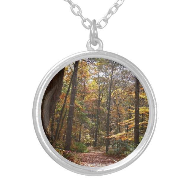 Sunlit Fall Trail in Laurel Hill State Park Silver Plated Necklace (Front)