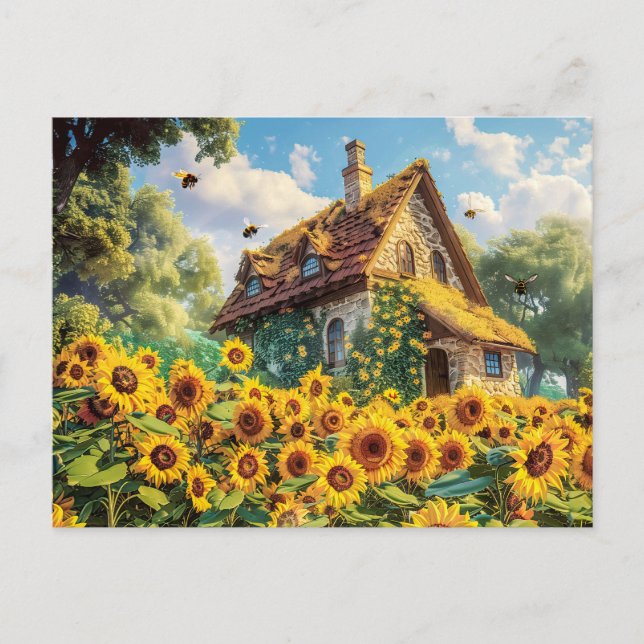 Sunlit Farmhouse with Blooming Sunflowers Postcard (Front)