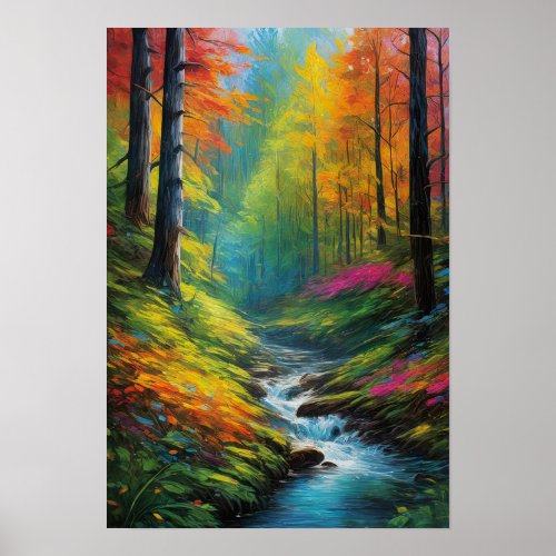 Sunlit Forest and Rushing Stream Poster