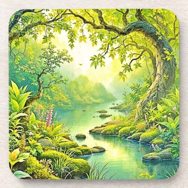 Sunlit Forest Landscape Beverage Coaster (Front)