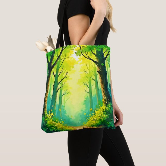 Sunlit Forest Path Tote Bag (Close Up)