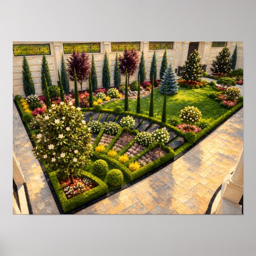 Sunlit Formal Garden with Cypress and Flowers Poster