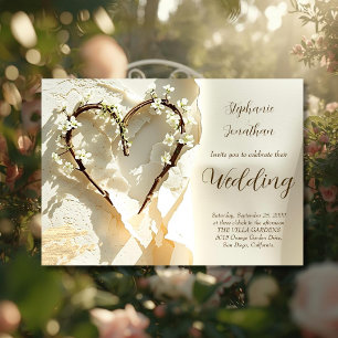 Sunlit Garden Branch Heart on Warm Cotton Wedding Invitation