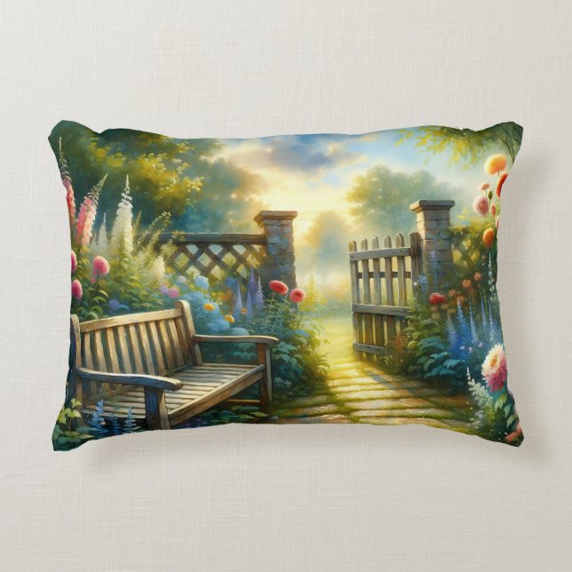 Sunlit Garden Pathway Gate Scene Accent Pillow (Front)