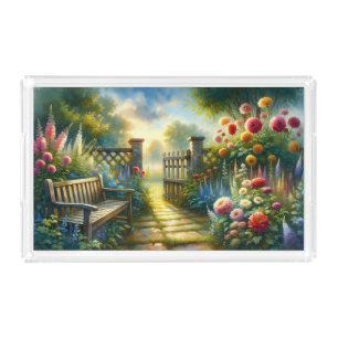 Sunlit Garden Pathway Gate Scene Acrylic Tray