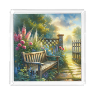 Sunlit Garden Pathway Gate Scene Acrylic Tray