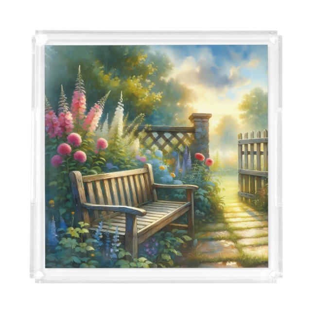 Sunlit Garden Pathway Gate Scene Acrylic Tray (Front)