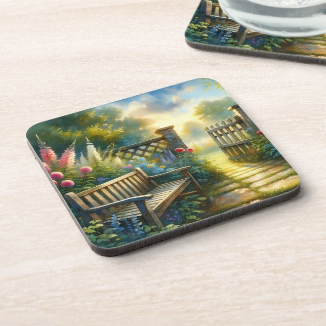 Sunlit Garden Pathway Gate Scene Beverage Coaster (Left Side)