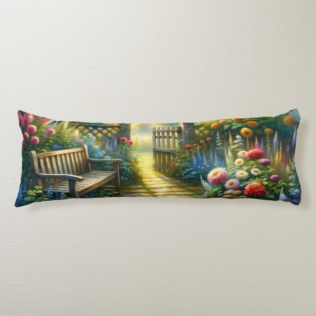 Sunlit Garden Pathway Gate Scene Body Pillow (Front)