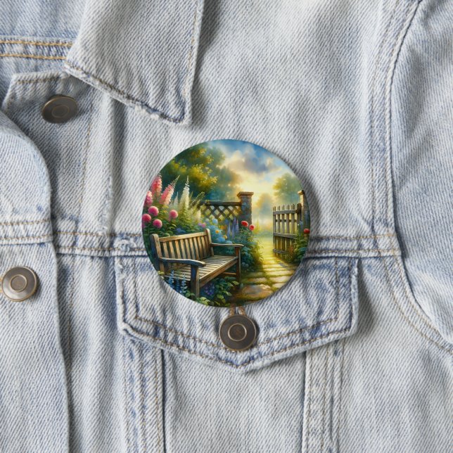 Sunlit Garden Pathway Gate Scene Button (In Situ)