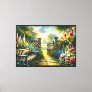Sunlit Garden Pathway Gate Scene Canvas Print