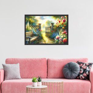 Sunlit Garden Pathway Gate Scene Canvas Print