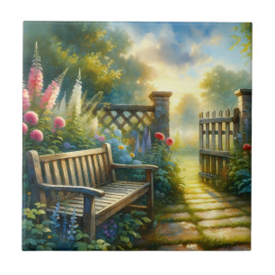 Sunlit Garden Pathway Gate Scene Ceramic Tile