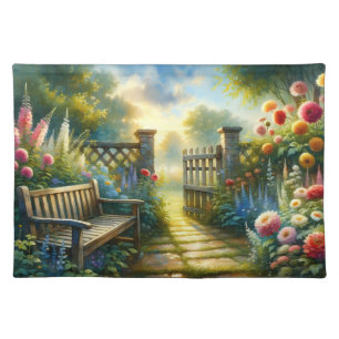 Sunlit Garden Pathway Gate Scene Cloth Placemat