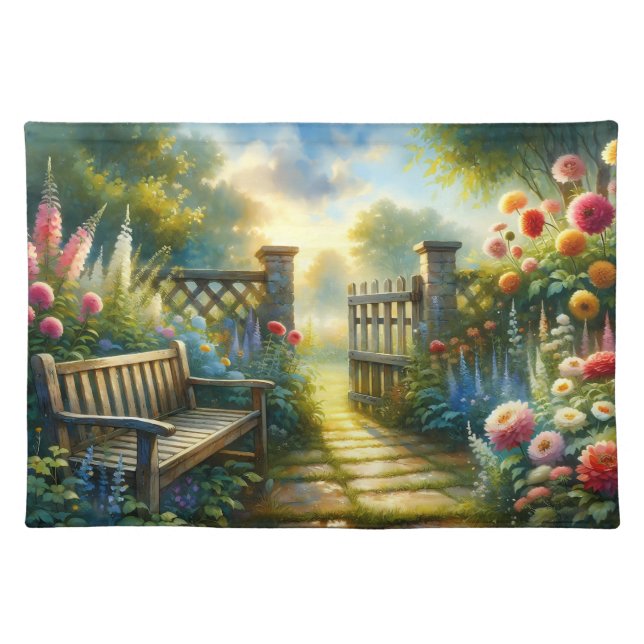 Sunlit Garden Pathway Gate Scene Cloth Placemat (Front)