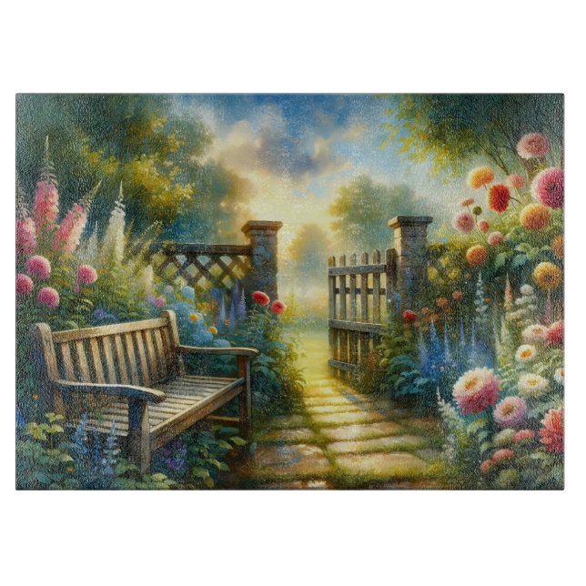 Sunlit Garden Pathway Gate Scene Cutting Board (Front)