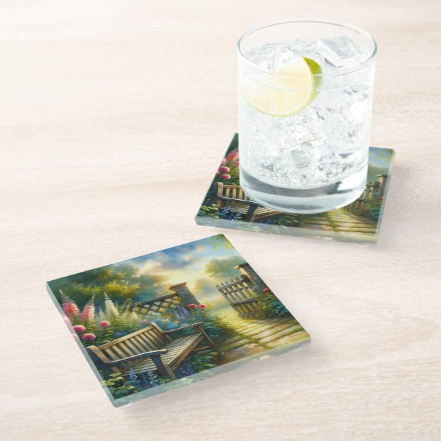 Sunlit Garden Pathway Gate Scene Glass Coaster (Angled)