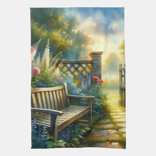 Sunlit Garden Pathway Gate Scene Kitchen Towel (Vertical)