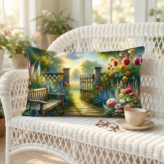 Sunlit Garden Pathway Gate Scene Lumbar Pillow (Sunlit Garden Pathway Gate Scene Lumbar Pillow Mockup A)