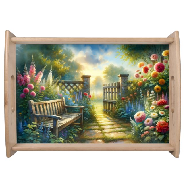 Sunlit Garden Pathway Gate Scene Serving Tray (Front)