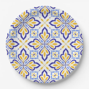 Sunlit Harmony Elegant Blue and Gold Floral Mosaic Paper Plates
