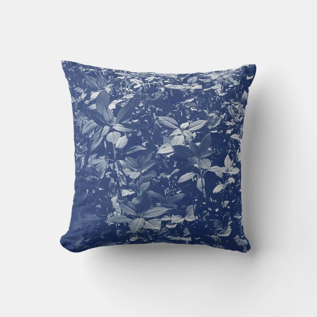 Sunlit Leaves - Cyanotype Effect Throw Pillow (Front)