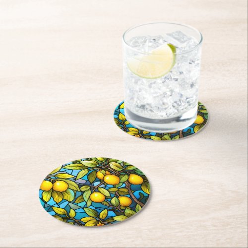 Sunlit Lemon Stain Glass Round Paper Coaster