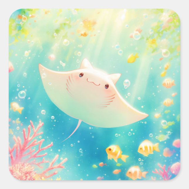 Sunlit Manta Ray Gliding Through the Reef Square Sticker (Front)