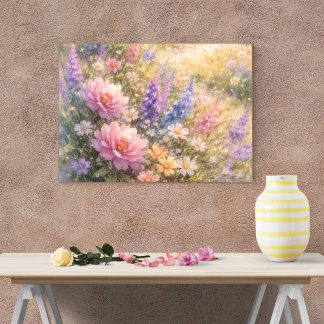 Sunlit Meadow with Blooming Peonies Faux Canvas Print