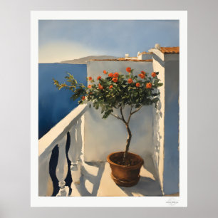 Sunlit Mediterranean Balcony with Flowers Oil Pain Poster