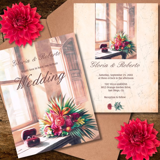Sunlit Mexican Window Tropical Flowers Wedding Invitation (Creator Uploaded)