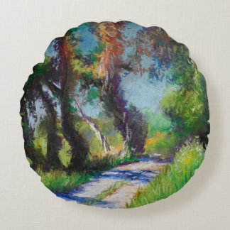 Sunlit Olive Grove Pastel Landscape Round Pillow