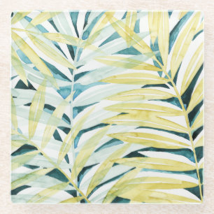 Sunlit Palms - Palm Tree Leaves Glass Coaster
