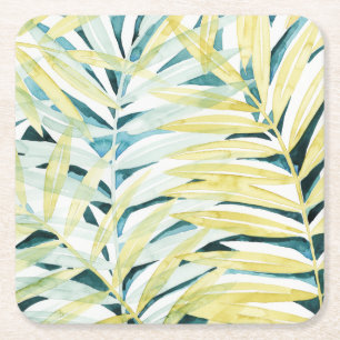 Sunlit Palms - Palm Tree Leaves Square Paper Coaster