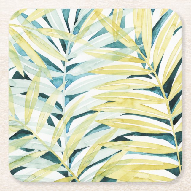 Sunlit Palms - Palm Tree Leaves Square Paper Coaster (Front)