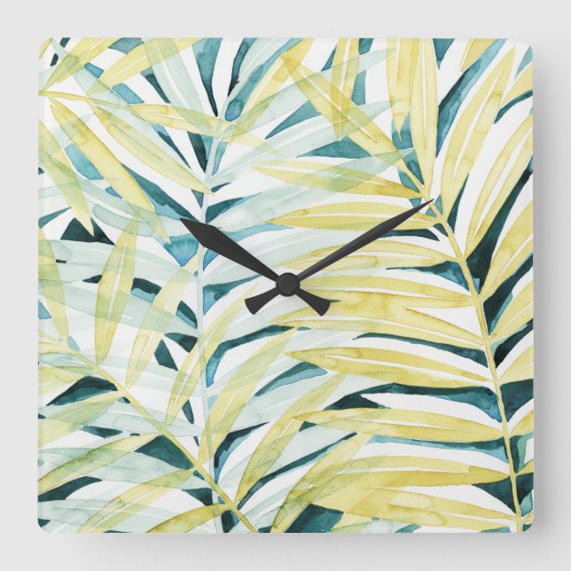Sunlit Palms - Palm Tree Leaves Square Wall Clock (Front)