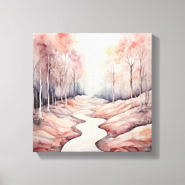 Sunlit Path Through a Pink Leaved Forest Canvas Print (Front)