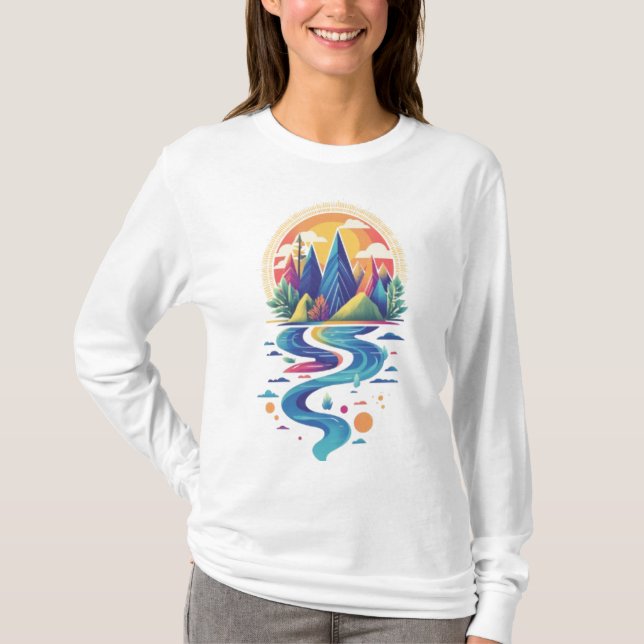 Sunlit Peaks and Flowing River T-Shirt (Front)