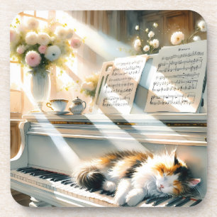 Sunlit Piano Cat Cottagecore Dream Beverage Coaster